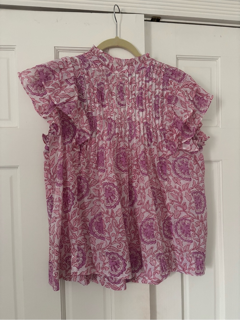 Oliphant Pink Floral Ruffle Sleeve pintuck Blouse Size S